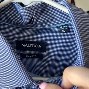 Nautica Men’s Navy and White Gingham Slim Fit Dress Shirt